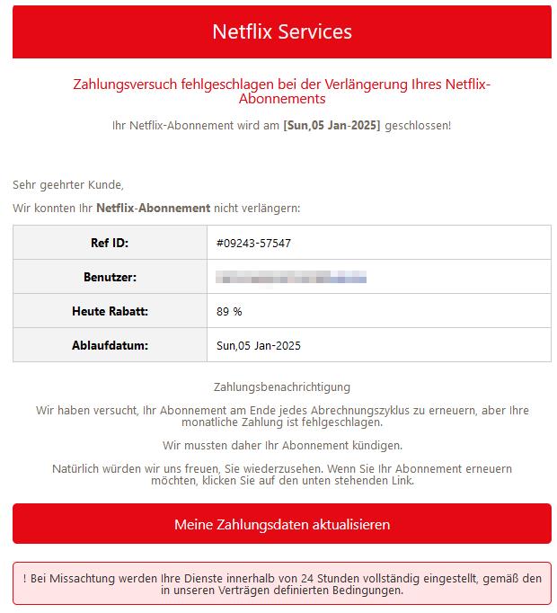 Zahlungsversuch fehlgeschlagen bei der Verlängerung Ihres Netflix-Abonnements.