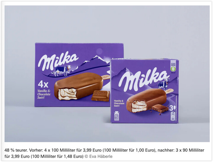 Milka-Eis vor und nach der Preiserhöhung.
