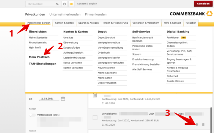 Das Bild zeigt das Postfach der Commerzbank.