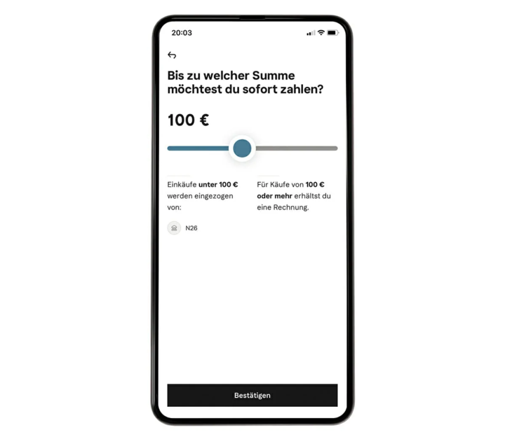 So wählen Sie in der Klarna App aus, bis zu welcher Höhe sie mit Apple Pay oder Google Pay direkt bezahlen möchten. 