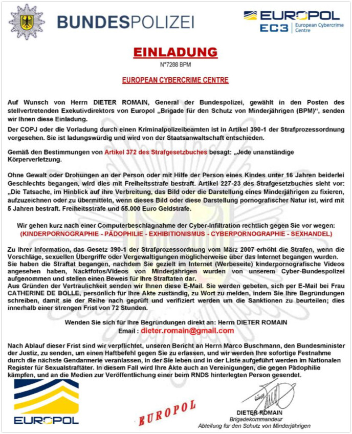 Scheinbares Schreiben von Europol.