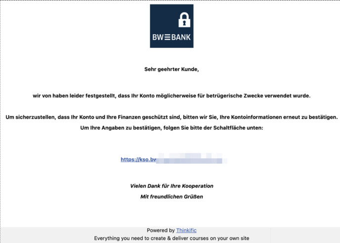 Phishing-Mail im Namen der BW Bank