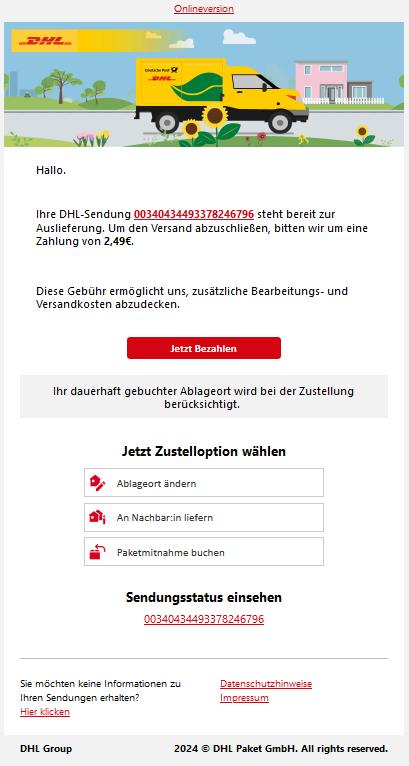 Um den Versand abzuschließen, bitten wir um eine Zahlung von 2,49€.