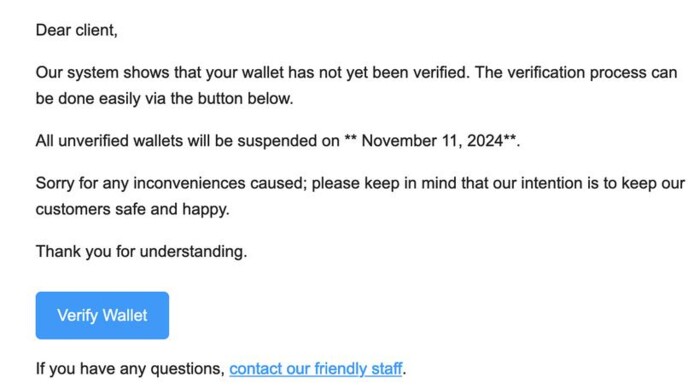 Our system shows that your wallet has not yet been verified.
