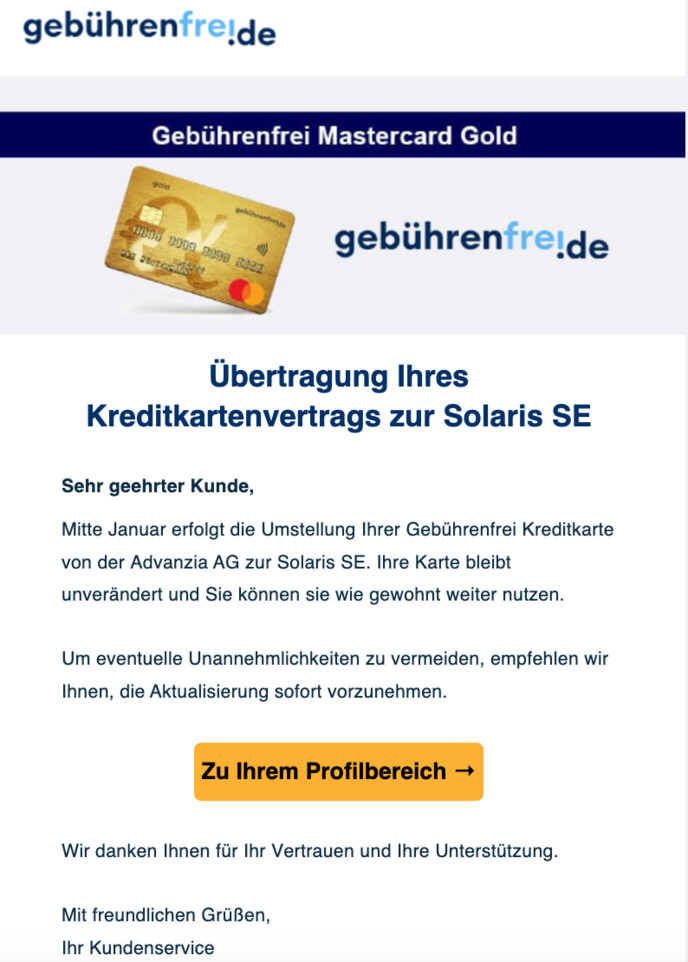 Sie sollen Ihren Kreditkartenvertrag zur Solaris SE übertragen.