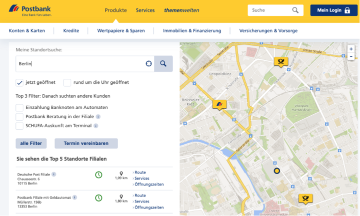 Das Bild zeigt, wie die Filialsuche der Postbank aussieht und funktioniert