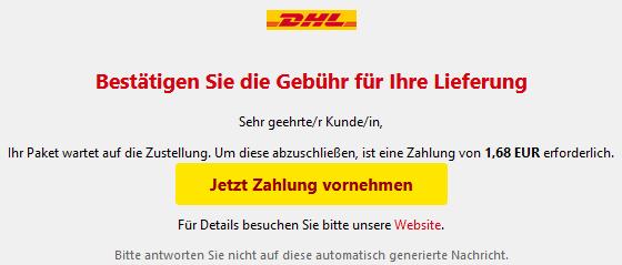 Ihr Paket wartet auf die Zustellung. Um diese abzuschließen, ist eine Zahlung von 1,68 EUR erforderlich.