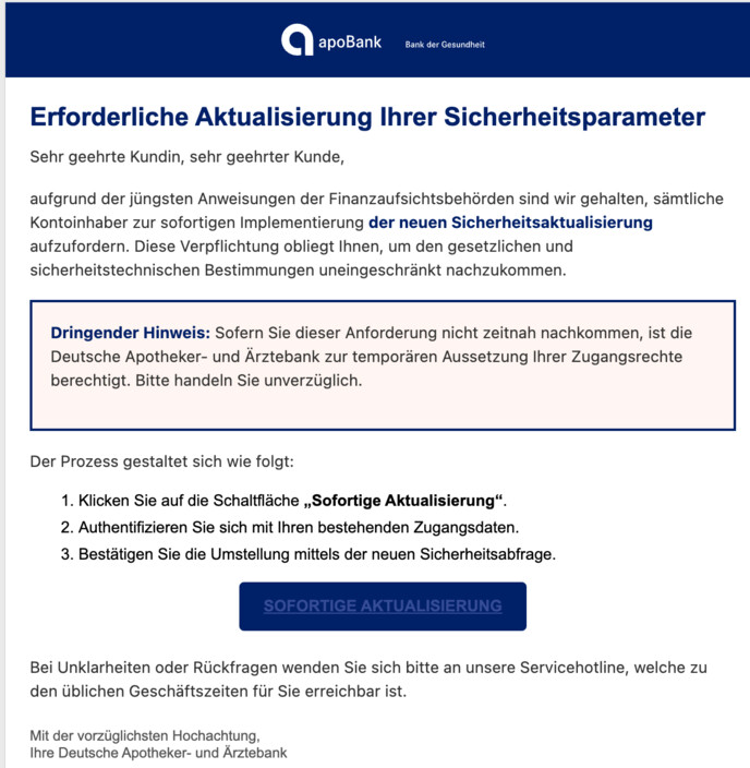 Sie sollen Ihre Sicherheitsparameter aktualisieren.