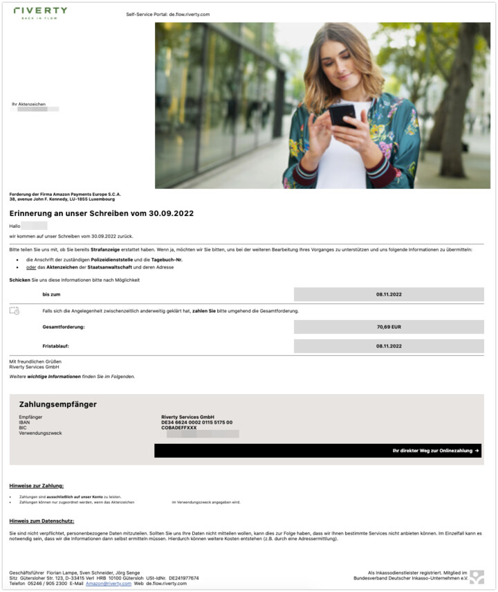 Schreiben von Riverty im Namen von Amazon.