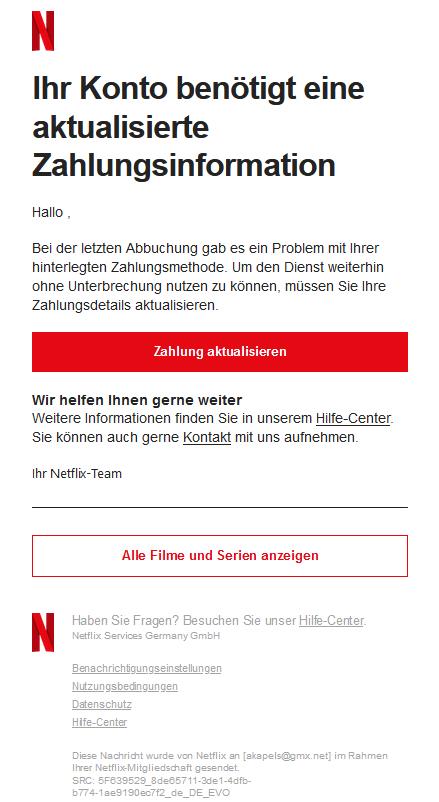 Wir bitten Sie, Ihre Zahlungsmethode zu aktualisieren. 
