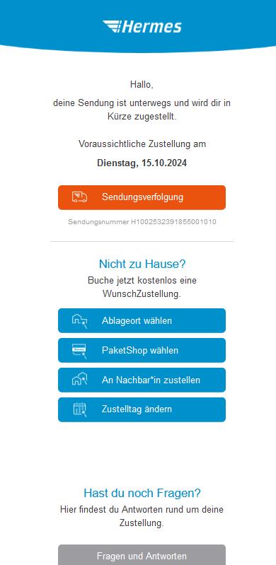 Deine Sendung ist unterwegs und wird dir in Kürze zugestellt. 