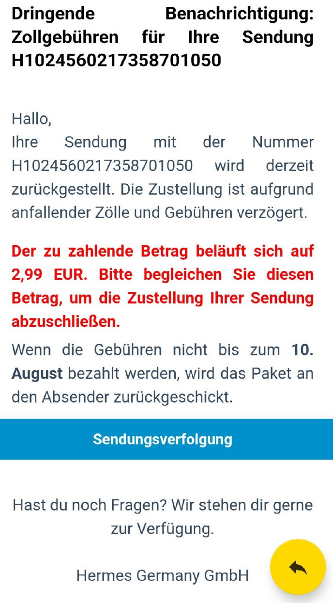 Sie sollen einen Betrag bezahlen, damit das Paket versendet werden kann.