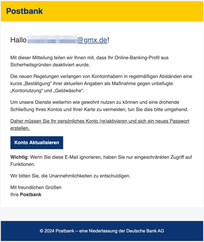 Ihr Online-Banking-Profil wurde aus Sicherheitsgründen deaktiviert.