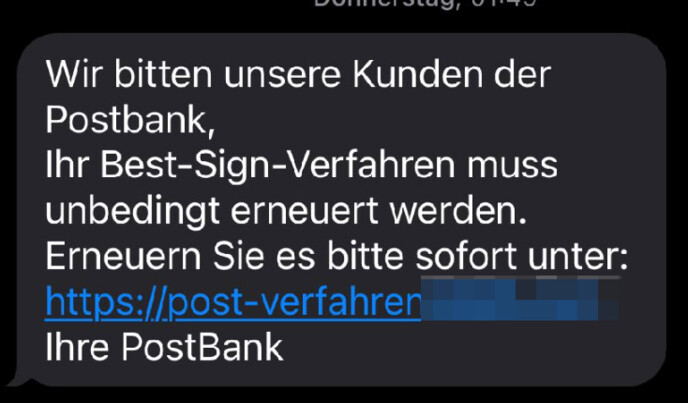 Neue Phishing-SMS der Postbank. Sie sollen Ihre Best-Sign-Verfahren erneuern.