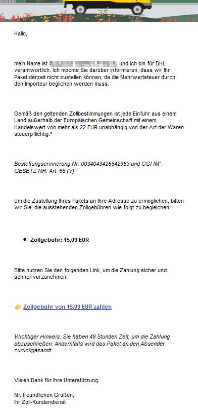 Um die Zustellung Ihres Pakets an Ihre Adresse zu ermöglichen, bitten wir Sie, die ausstehenden Zollgebühren wie folgt zu begleichen.