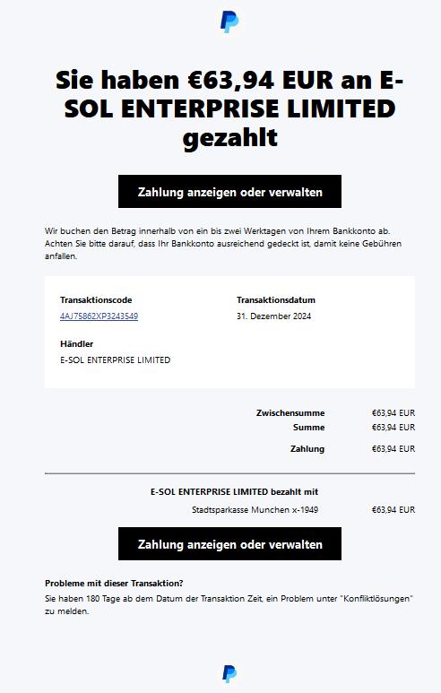 Beleg für Ihre Zahlung an E-SOL ENTERPRISE LIMITED .