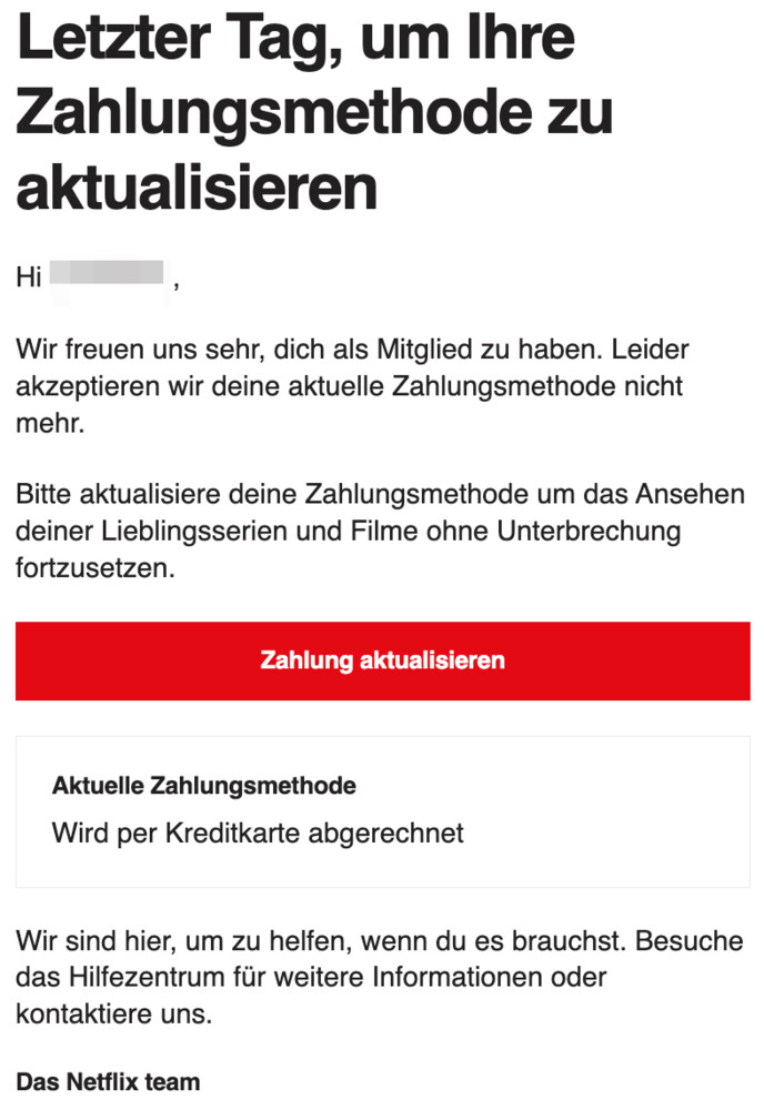 Sie sollen Ihre Zahlungsmethode aktualisieren.