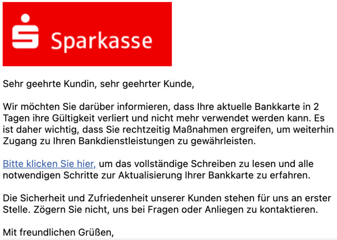 Sie sollen Ihre Bankkarte aktualisieren.