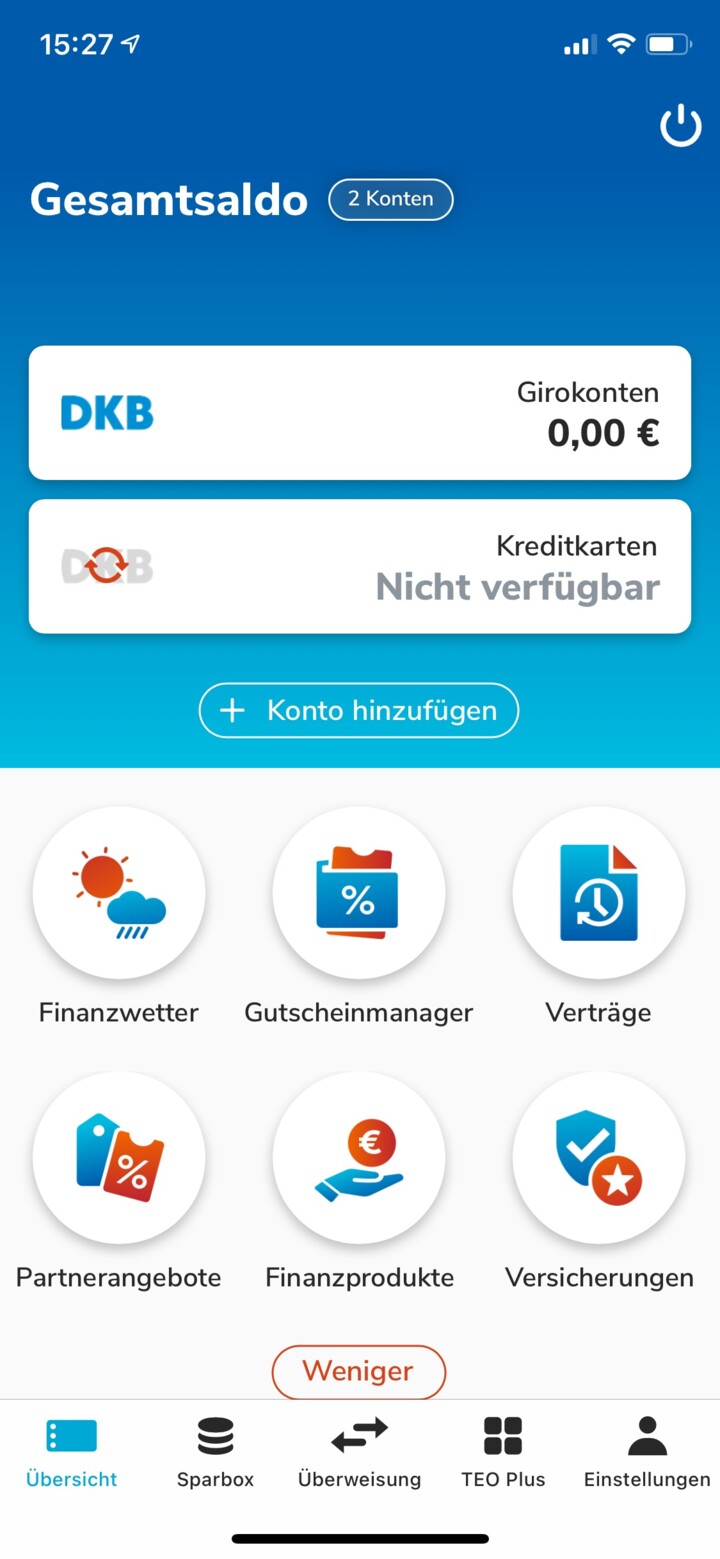 Mit der TEO-App der Sparda-Banken können Sie auch Konten anderer Banken verwalten, wie hier in unserem Test die DKB. 