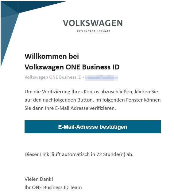  Vervollständigen Sie Ihre Registrierung für Volkswagen ONE Business ID