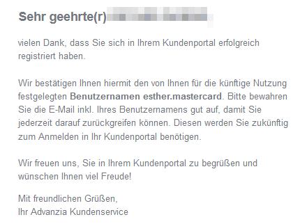 Ihre Registrierung inkl. Benutzername für Ihr Kundenportal.