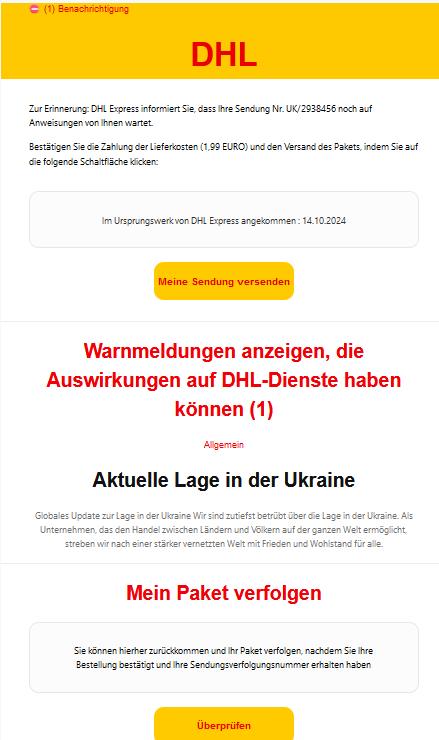 DHL Express informiert Sie, dass Ihre Sendung noch auf Anweisungen von Ihnen wartet.