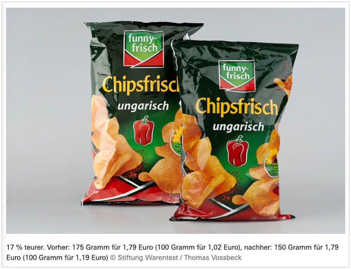 Chipstüte vor und nach der Preiserhöhung.