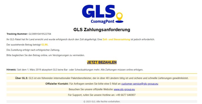 Ihr GLS-Paket hat Ihr Land erreicht und wurde erfolgreich durch den Zoll abgefertigt. Eine Zoll- und Steuerzahlung ist jedoch erforderlich.
