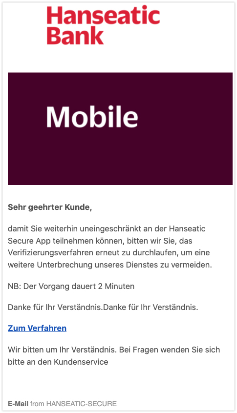 Phishing-Mail im Namen der Hanseatic Bank.