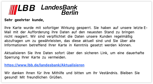 Auch hier wurde Ihre Karte angeblich gesperrt.
