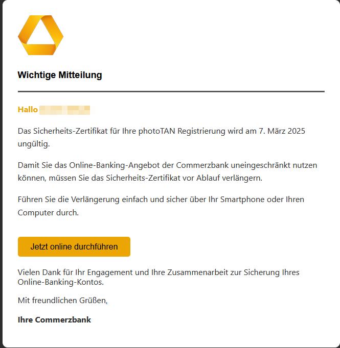 Das Sicherheits-Zertifikat für Ihre photoTAN Registrierung wird am 7. März 2025 ungültig.