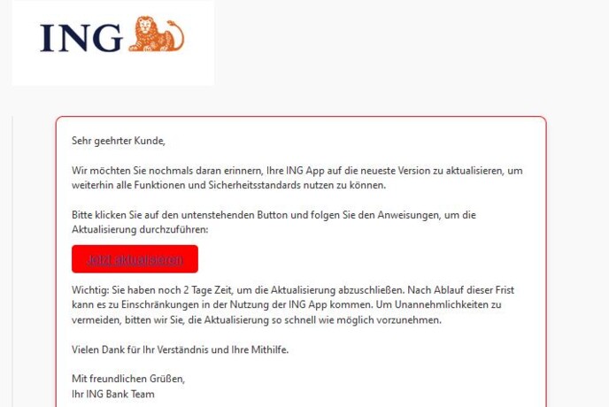 Wir möchten Sie nochmals daran erinnern, Ihre ING App auf die neueste Version zu aktualisieren.