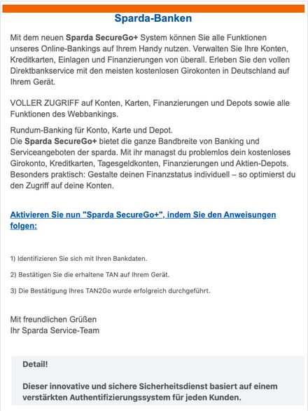 So sieht eine Phishing-Mail im Namen der Sparda-Bank aus.