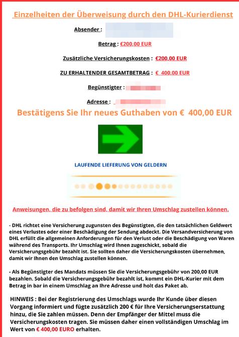 Einzelheiten der Überweisung durch den DHL-Kurierdienst.