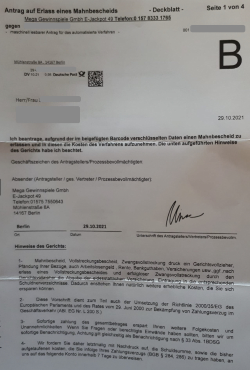 So sieht ein gefälschter Mahnbescheid aus.