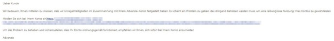 Es liegt ein Problem mit Ihrem Advanzia konto vor.