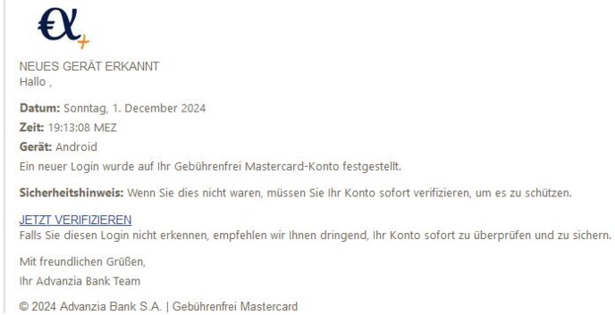 Ein neuer Login wurde auf Ihr Gebührenfrei Mastercard-Konto festgestellt.