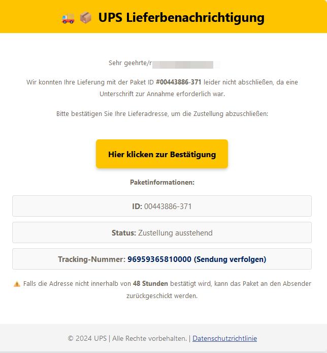 Wir konnten Ihre Lieferung mit der Paket ID #00443886-371 leider nicht abschließen, da eine Unterschrift zur Annahme erforderlich war.