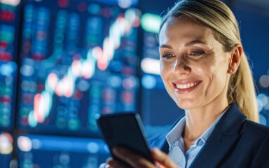 Frau mit einem Smartphone. Im Hintergrund stilisierte Börsengrafiken.