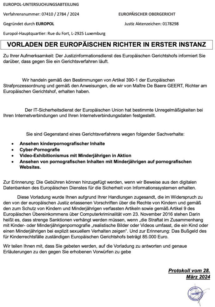 Eine Vorladung der Europol Untersuchungsabteilung