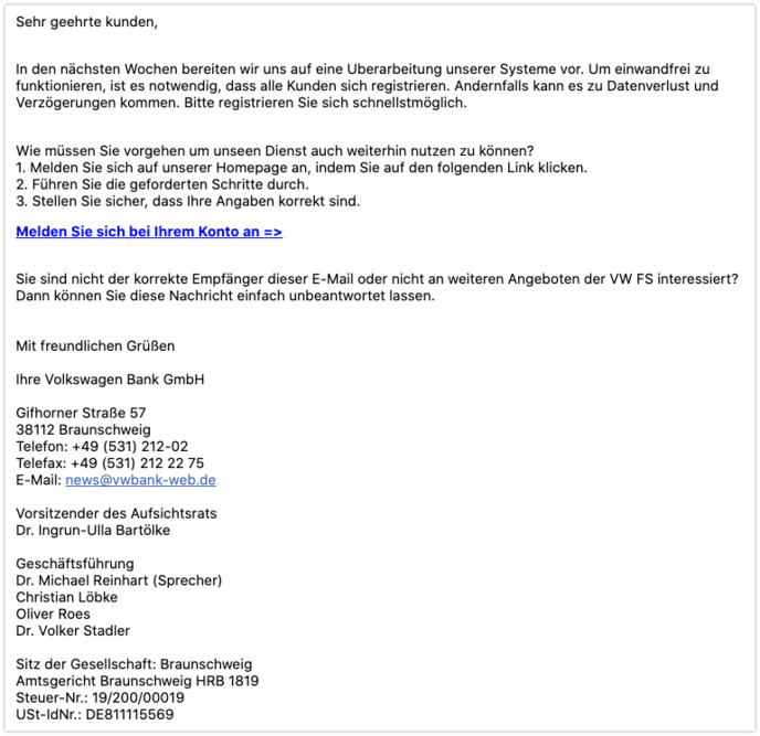 Aufgrund einer Überarbeitung der Systeme sollen sich alle Kunden anmelden.