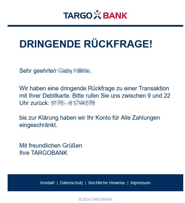 Wir haben eine dringende Rückfrage zu einer Transaktion mit Ihrer Debitkarte. 