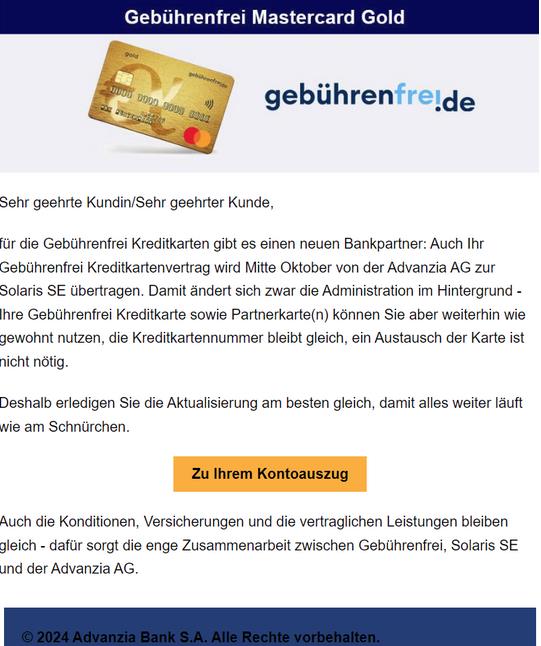 Übertragung Ihres Gebührenfrei Kreditkartenvertrags von der Advanzia Mastercard GOLD zur Solaris SE.