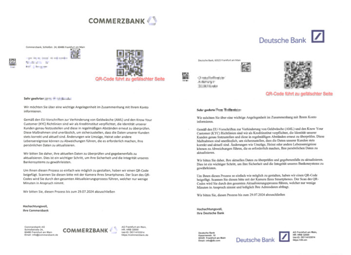 So sehen gefälschte Briefe mit QR-Code-Phishing aus.