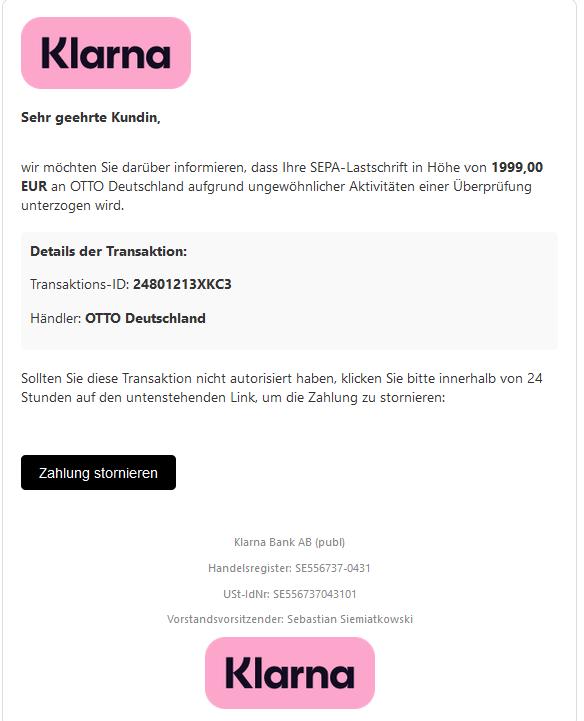Wir möchten Sie darüber informieren, dass Ihre SEPA-Lastschrift  an OTTO Deutschland aufgrund ungewöhnlicher Aktivitäten einer Überprüfung unterzogen wird.