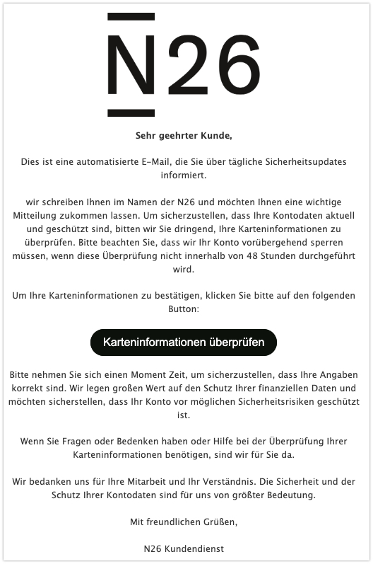 Sie sollen Ihre Karteninformationen überprüfen.