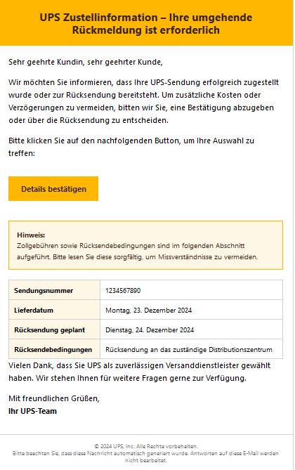 Wichtige Zustellinformation von UPS – Ihre Rückmeldung ist erforderlich.