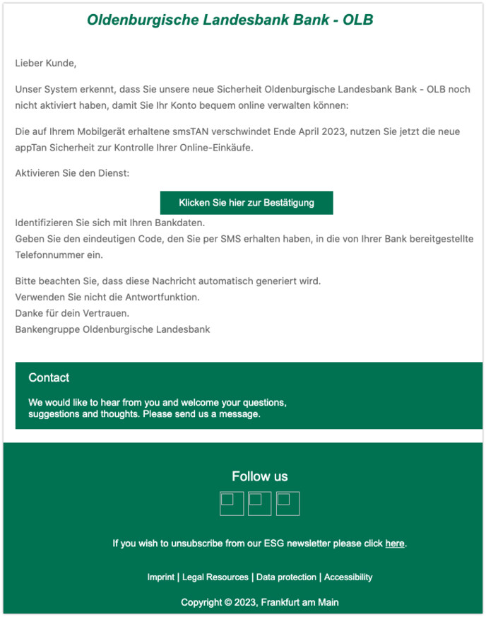Phishing-Mail im Namen der OLB.
