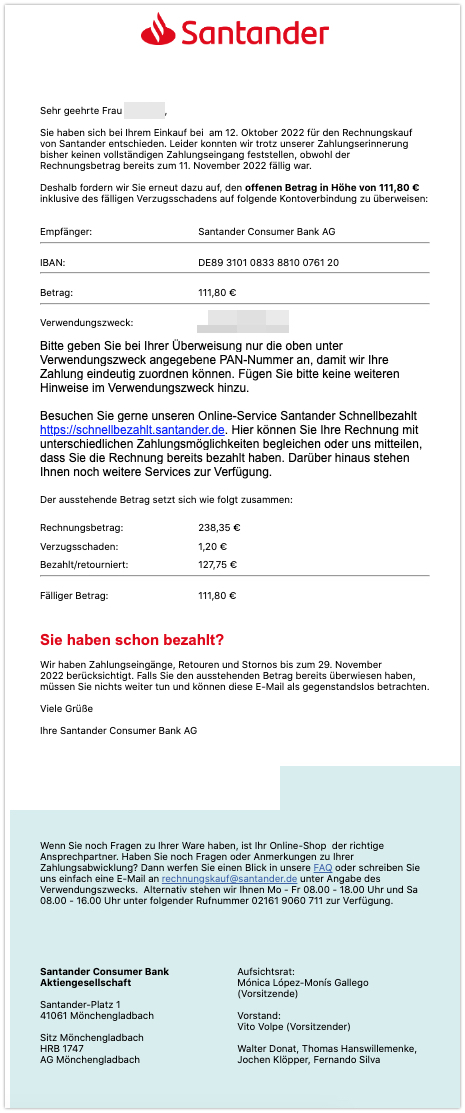 Santander E-Mail Entwarnung.