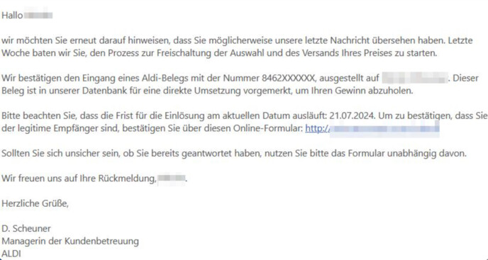 Sie sollen sich wegen Ihres Gewinns melden.